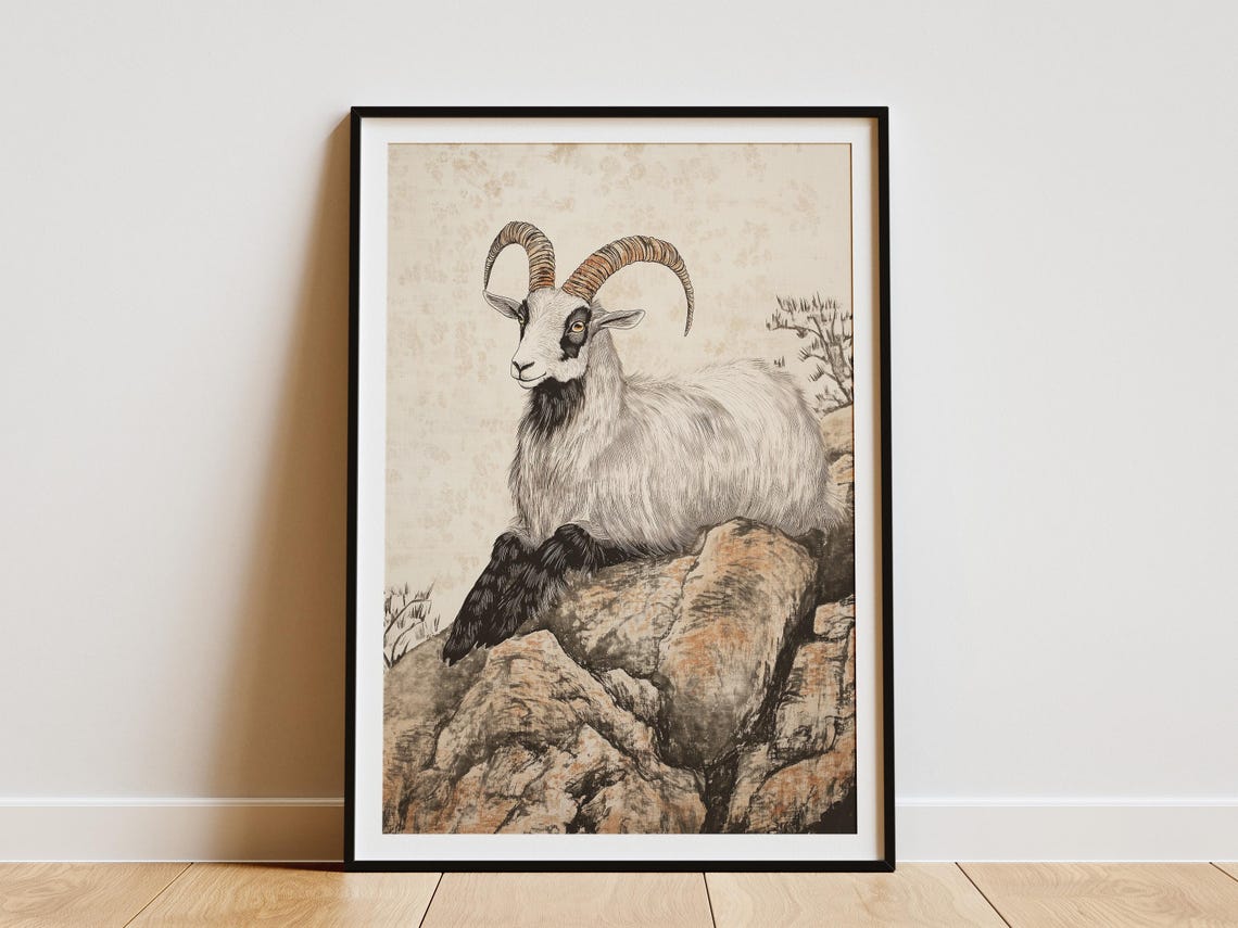 Mountain Goat on Rocky Cliff Traditional Chinese Ink Wash Art Poster
