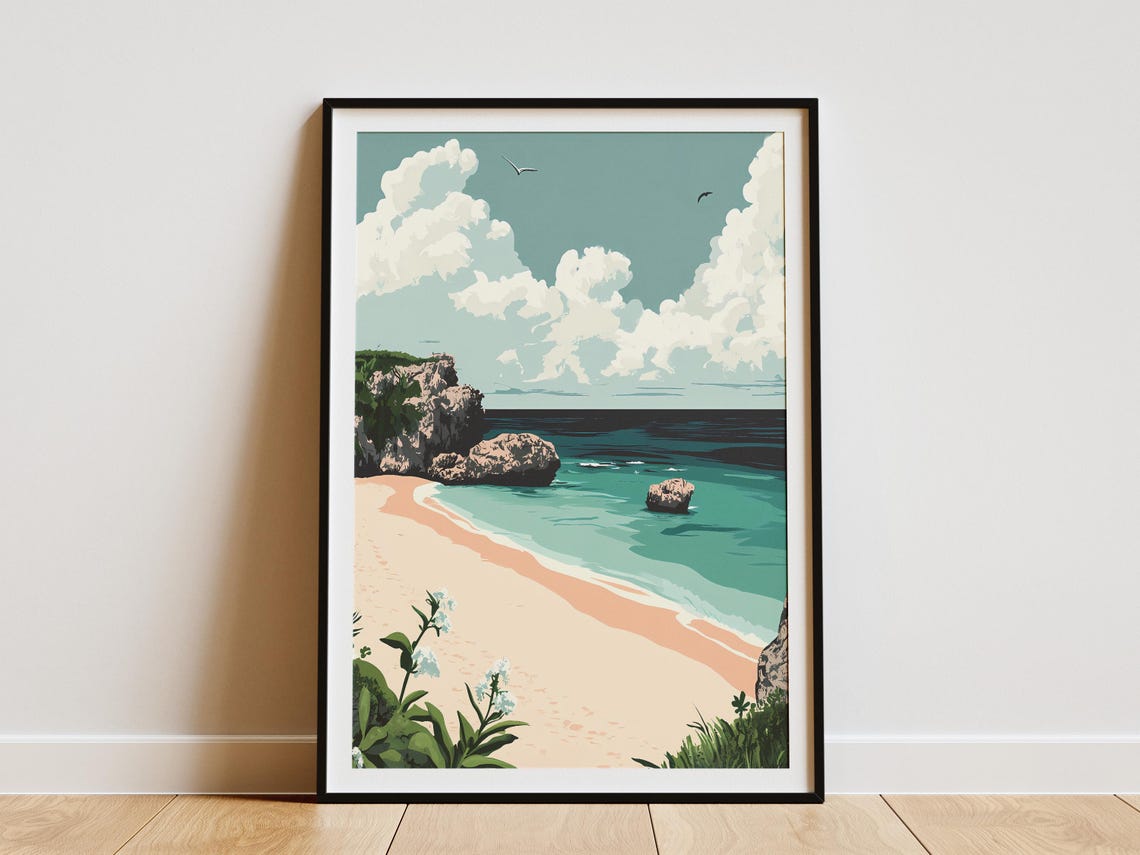 Bermuda Horseshoe Bay Pink Sand Cliffs Clouds Beach Travel Poster