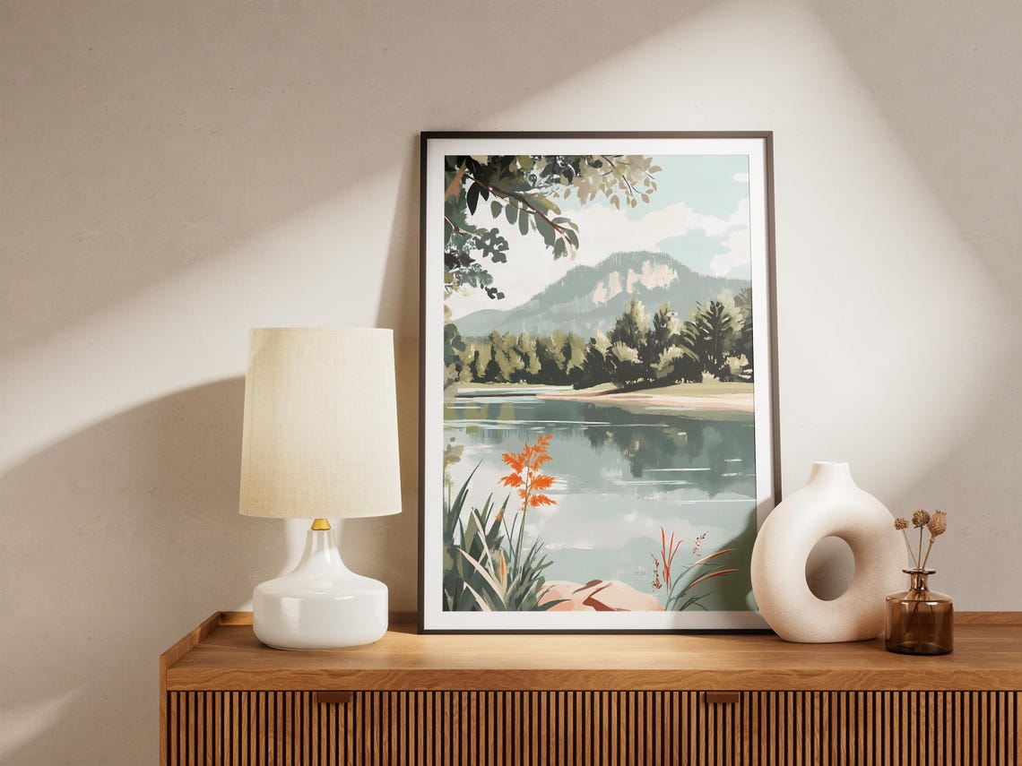 Calm Green River Flowing Past Bright Orange Wildflowers Poster - Image 5