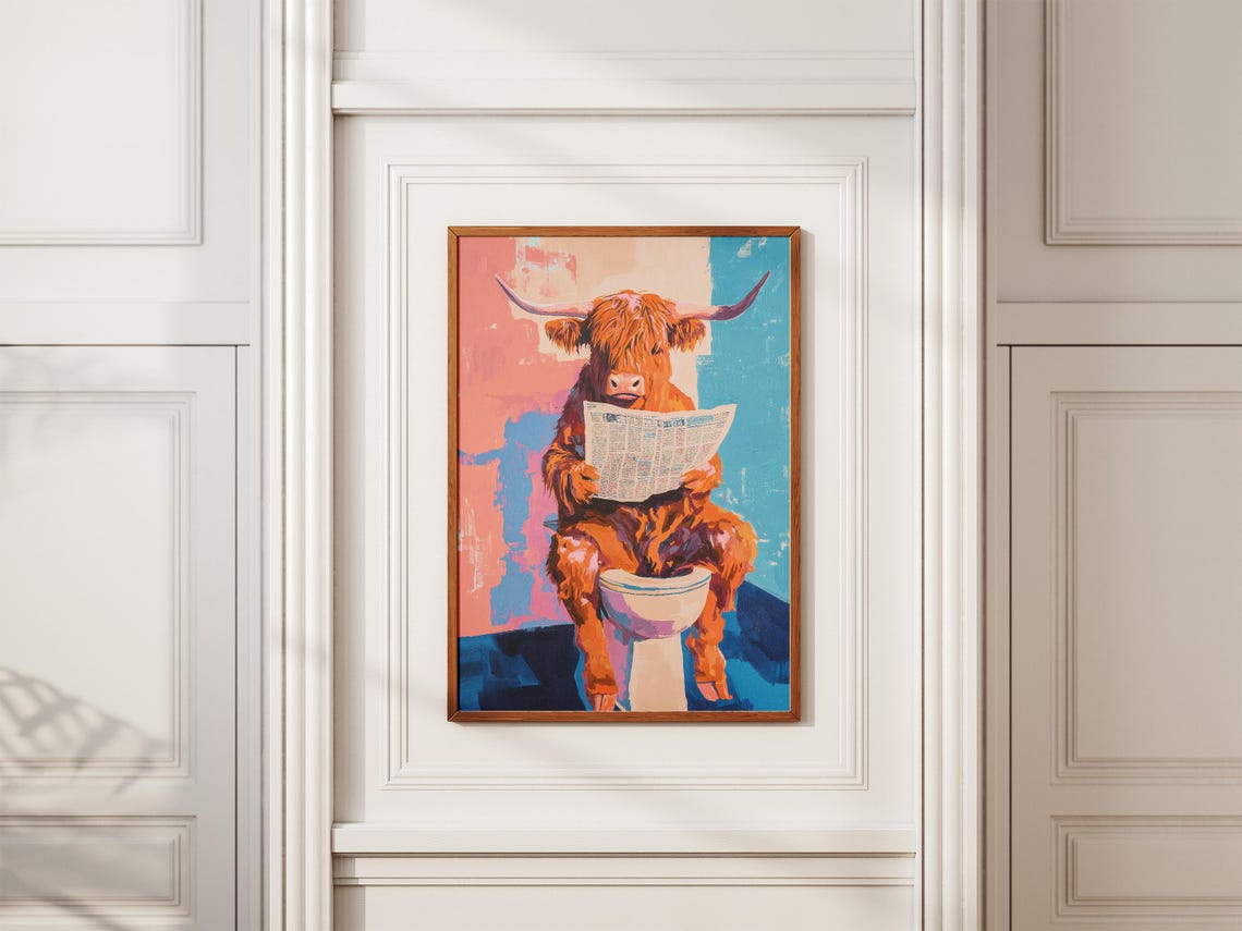 Highland Cow Reading Newspaper On Toilet Painterly Bathroom Poster - Image 2