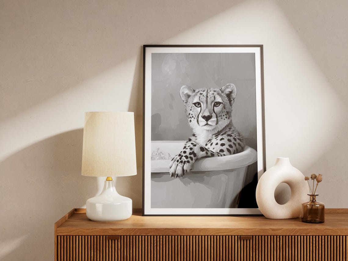 Cheetah In A Bubble Bath Black And White Minimalist Art Poster - Image 4