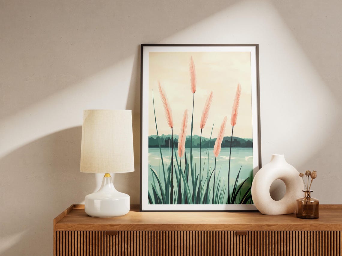 Tall Pink Pampas Grass Swaying Over a Still Lakeside Morning Poster - Image 5
