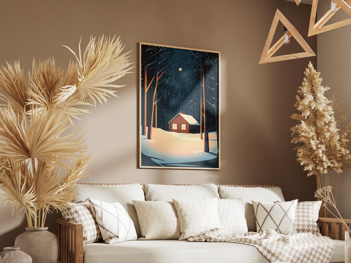 Cozy Red Cabin in a Snowy Moonlit Forest on a Winter Night Poster - Image 3