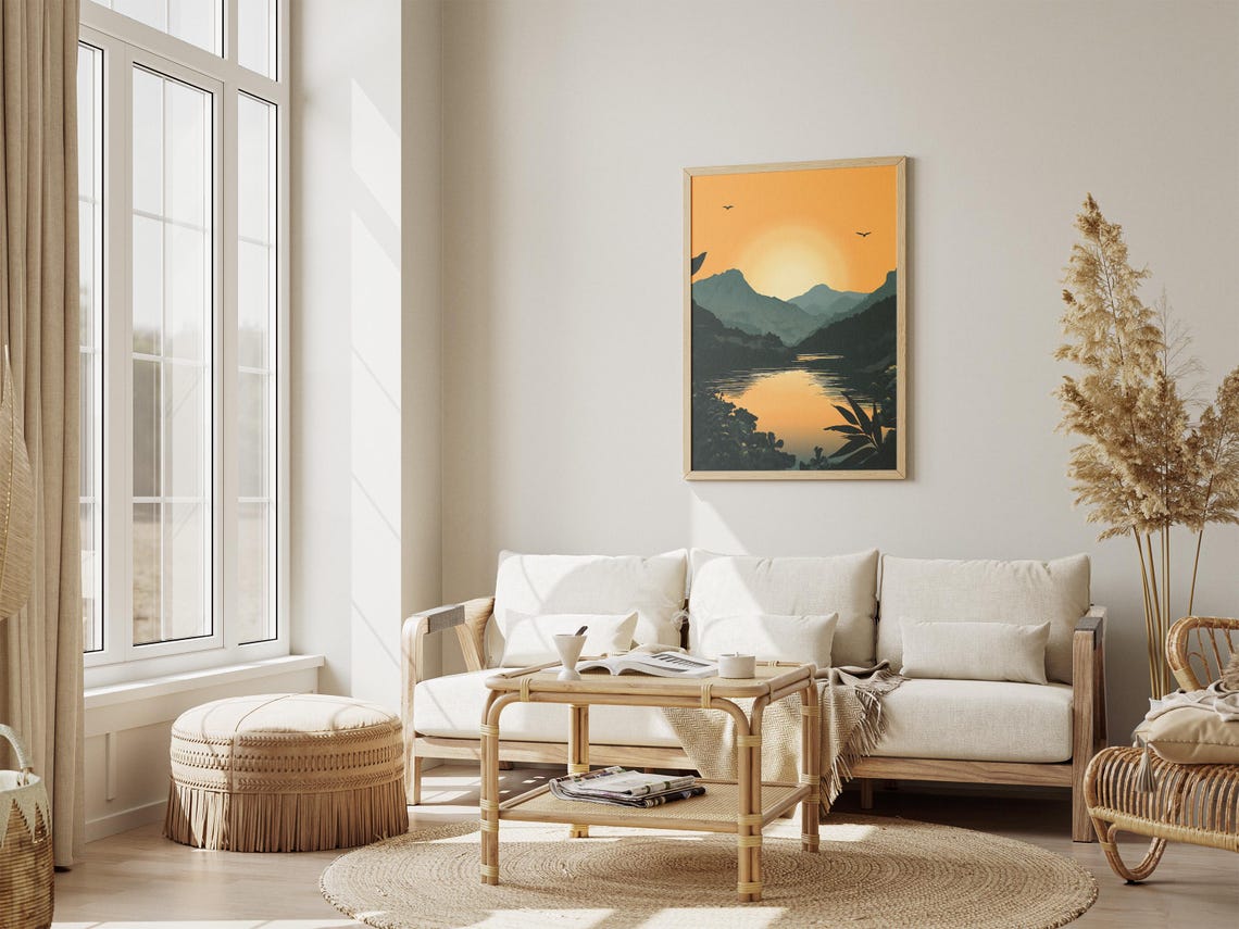Golden Sunset Mountain Lake Silhouettes Birds Serene Nature Poster - Image 4