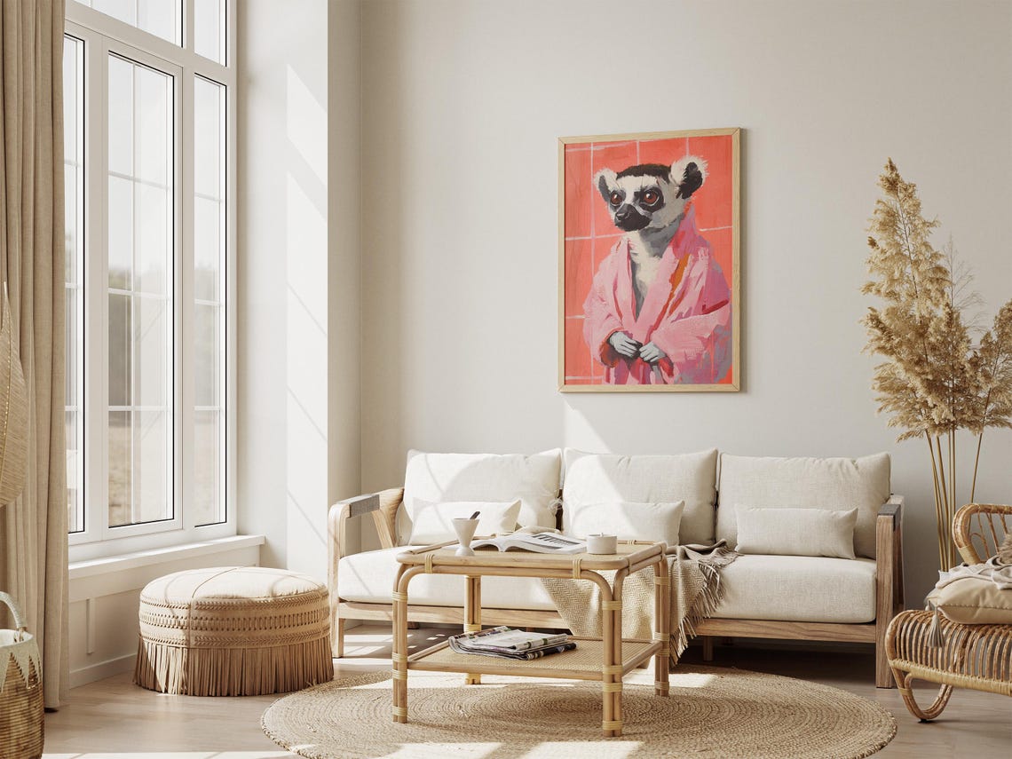 Ring Tailed Lemur in Pink Bathrobe Coral Bathroom Animal Poster - Image 4