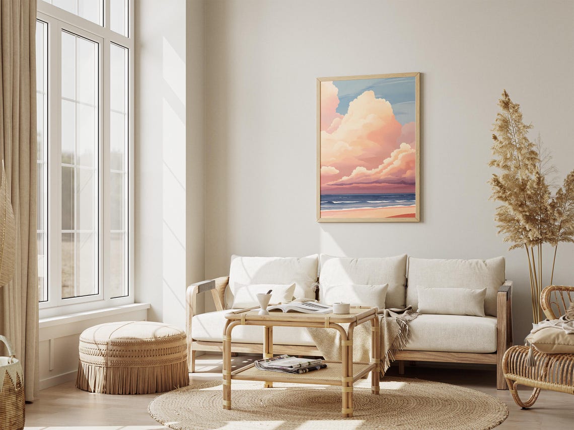 Pastel Clouds Towering Over a Peaceful Sunset Beach Shore Poster - Image 4