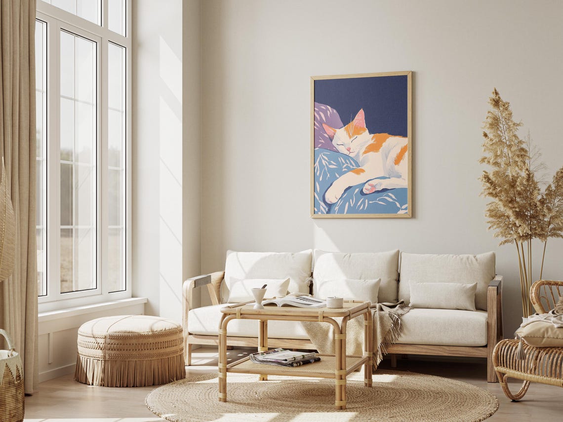 White and Orange Cat Sleeping on Blue Pillow Night Art Poster - Image 3