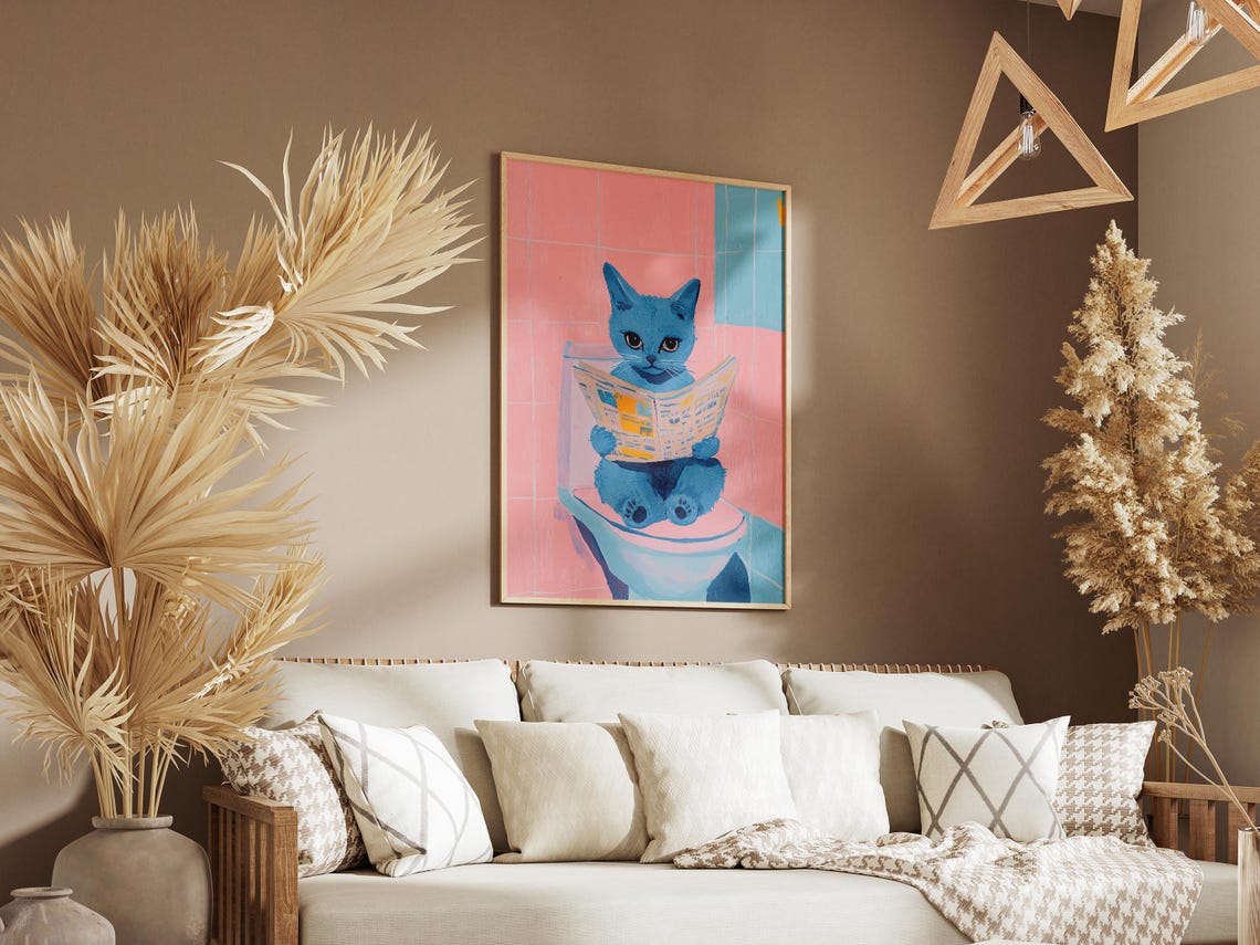 Blue Gray Cat on Toilet Reading Newspaper Funny Bathroom Cat Poster - Image 3