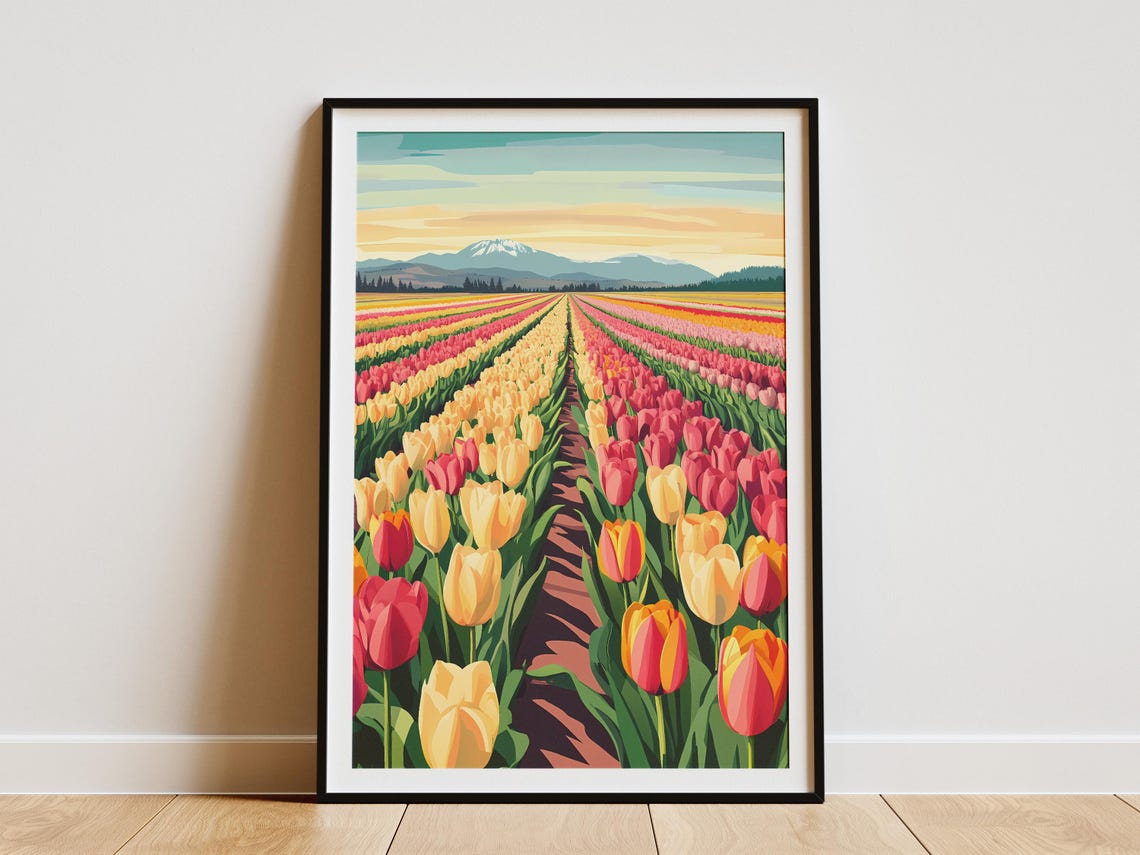 Tulip Field Rows At Sunset With Distant Snowcapped Mountain Poster
