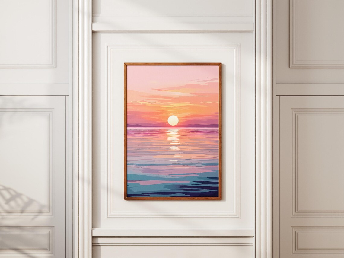 Pink and Orange Sunset Sun Reflecting on a Calm Ocean Sea Poster - Image 2