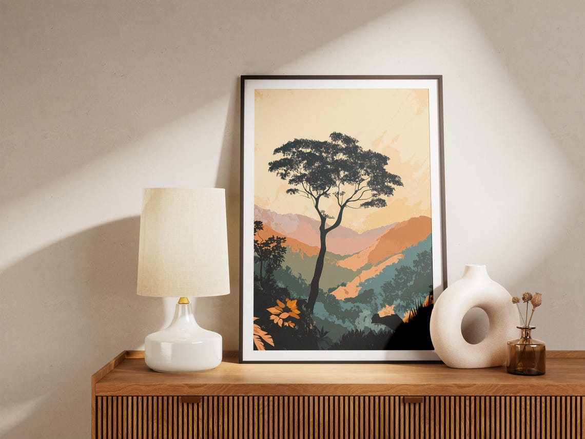 Lone Tree Silhouette Against The Sunset Mountains Travel Poster - Image 5