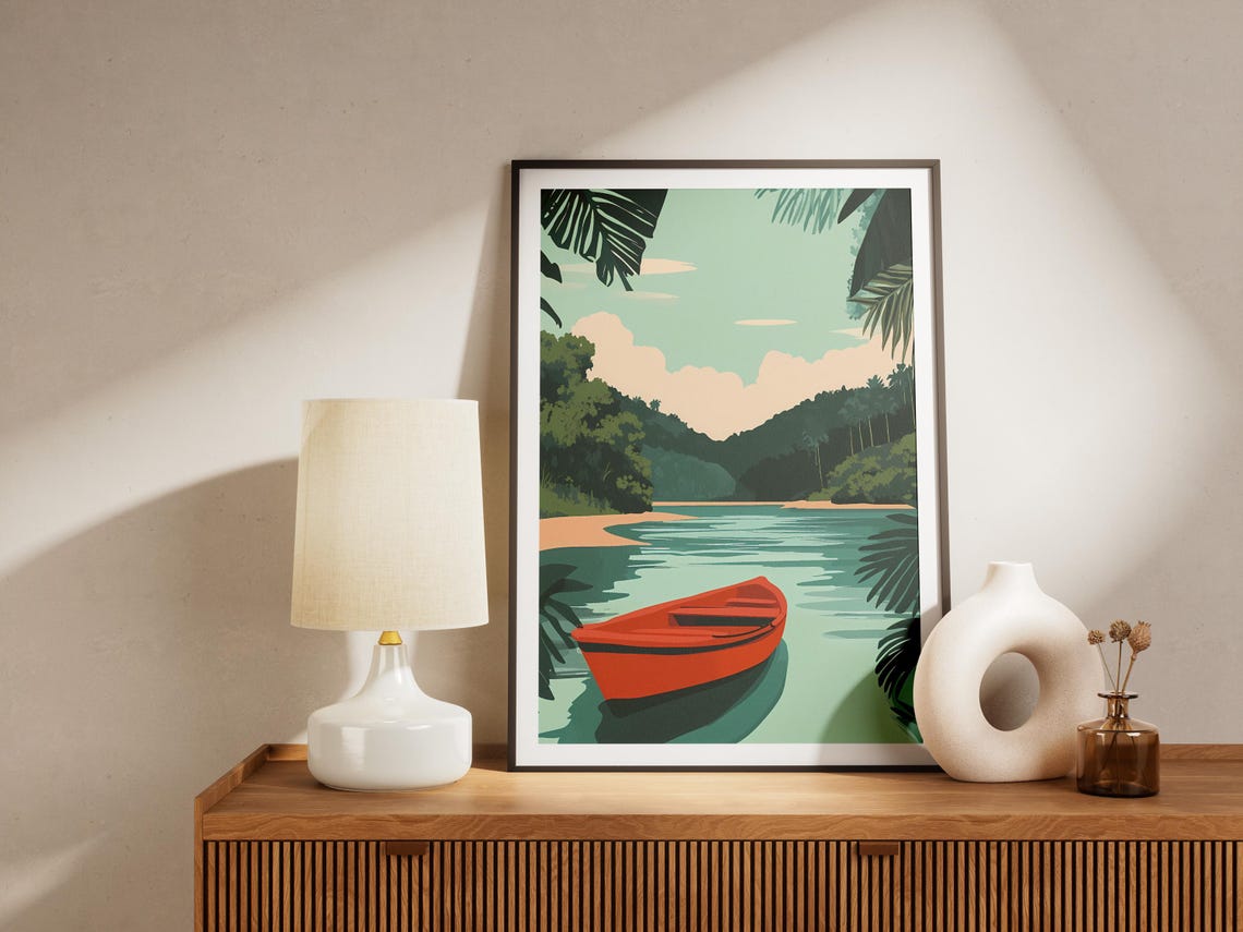Tropical Red Boat Poster Calm Lagoon Palm Tree Wall Decor Gift - Image 4