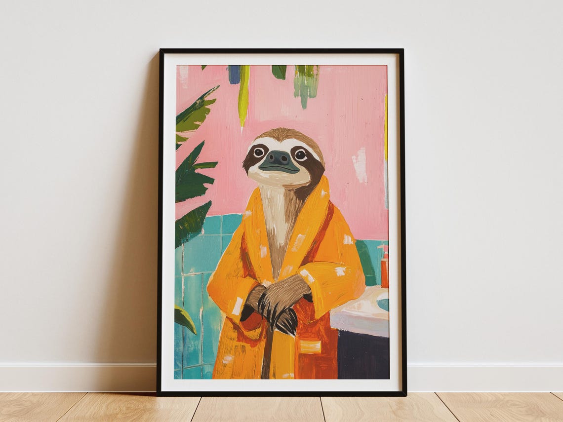 Sloth in Orange Bathrobe Pink Wall Tropical Bathroom Art Poster