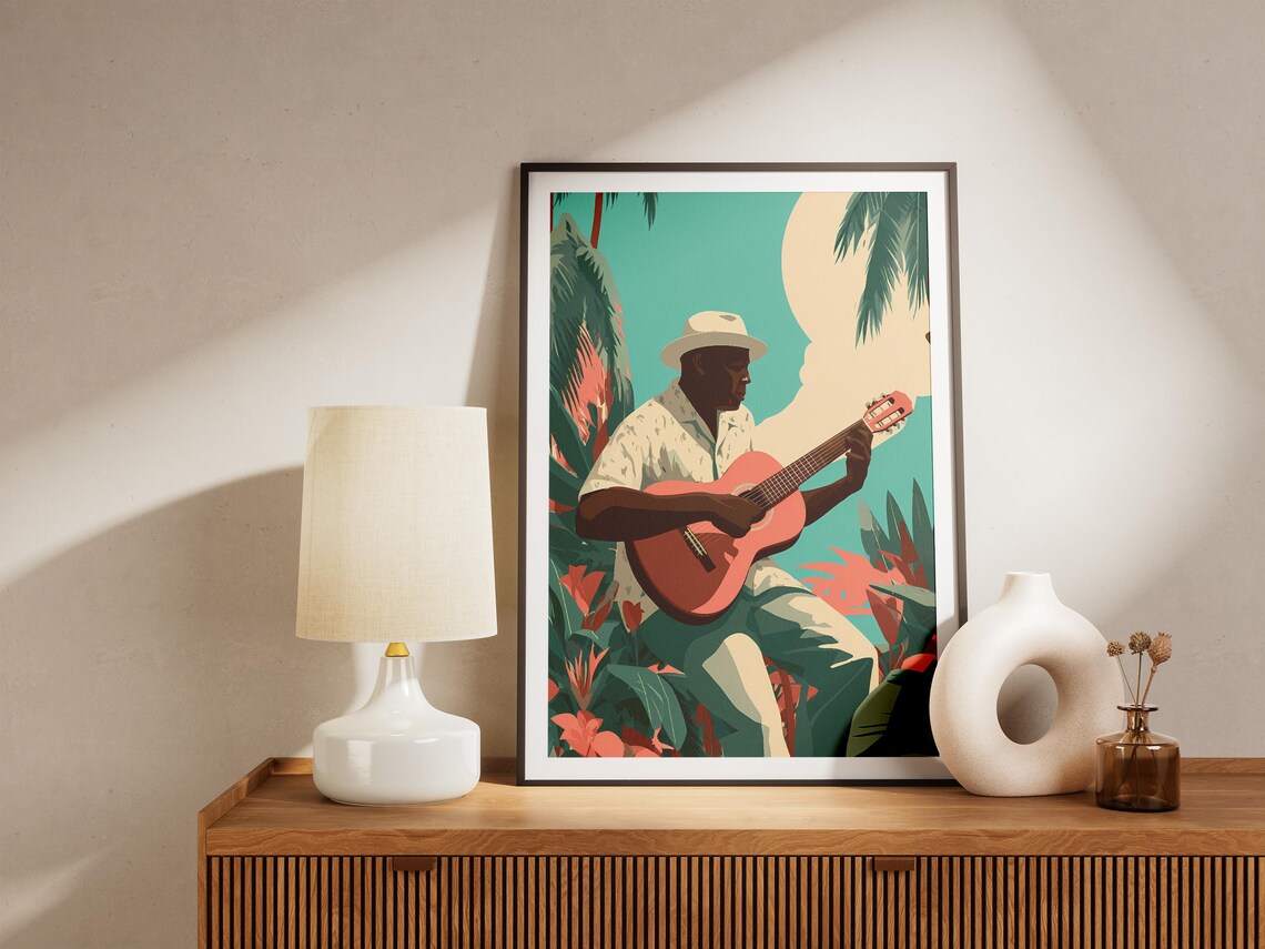 Island Guitar Player Among Palm Leaves Retro Tropical Music Art Poster - Image 4