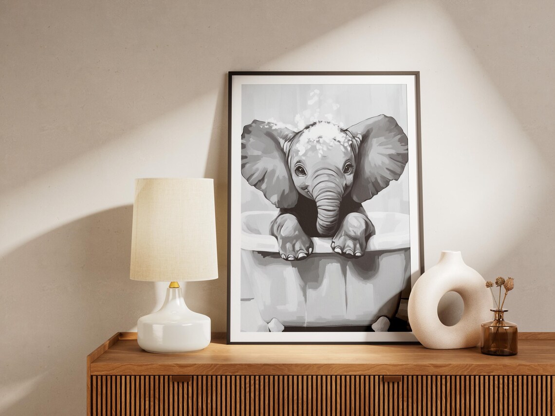 Baby Elephant in Bathtub Black and White Cute Kids Room Decor Poster - Image 4