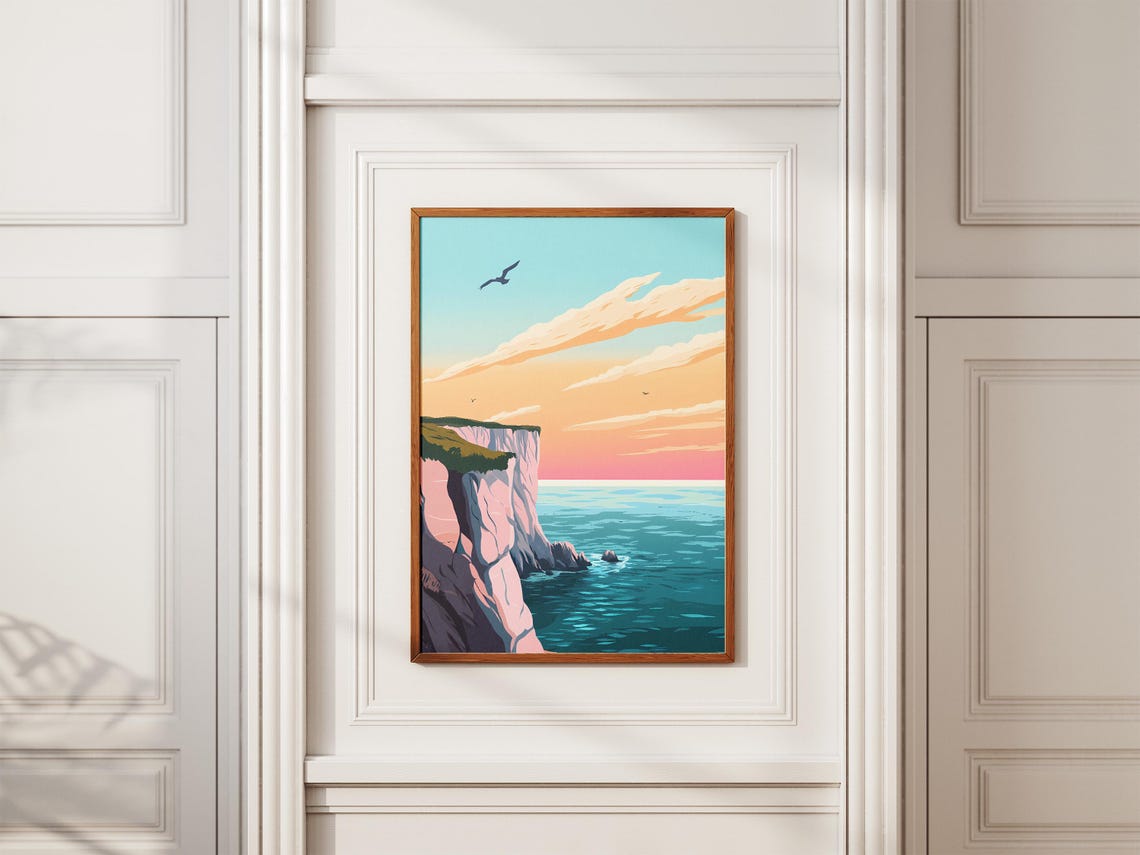 Pale Pink Cliffs Overlooking a Bright Turquoise Sea at Sunset Poster - Image 2