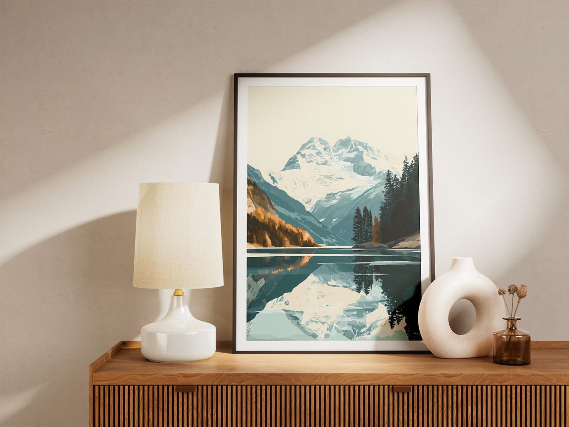 Snowy Mountain Peak Reflected In A Calm Alpine Lake Travel Poster - Image 5