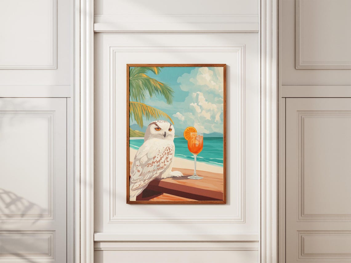 Snowy Owl Eyeing A Tall Orange Cocktail On Tropical Beach Poster - Image 2