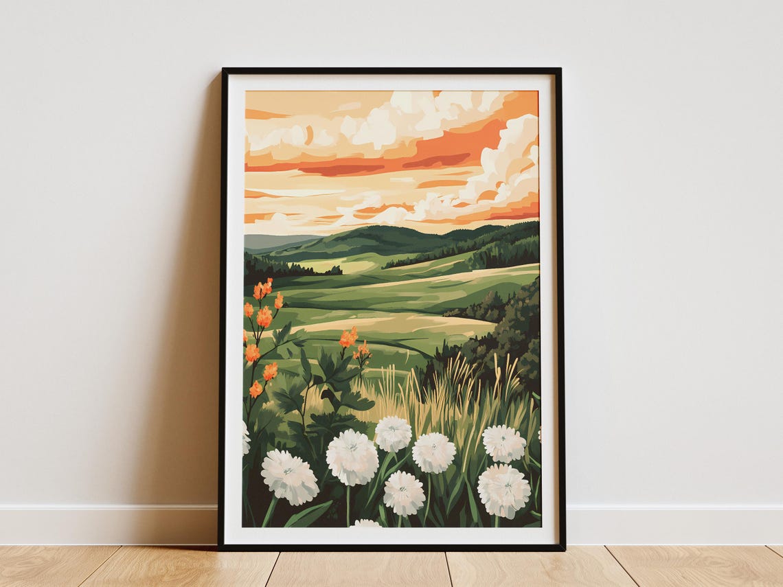 Golden Sunset Over Green Valley With White Wildflowers Poster