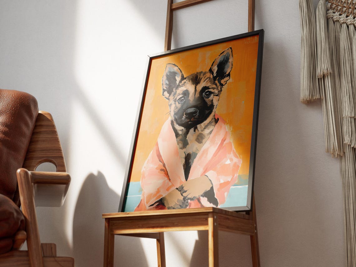 German Shepherd Puppy In Peach Bathrobe Poster Cute Dog Portrait Art - Image 3