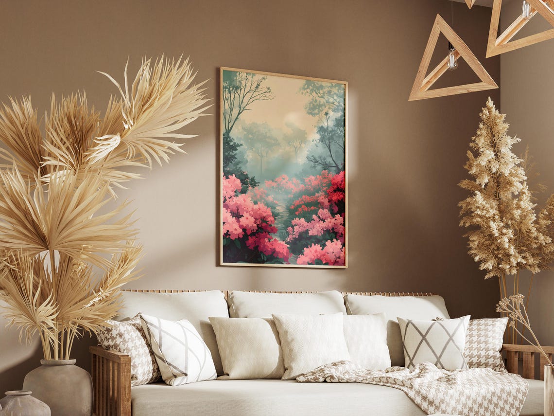 Blooming Pink Azaleas Along a Misty Forest Path Poster in Spring - Image 3