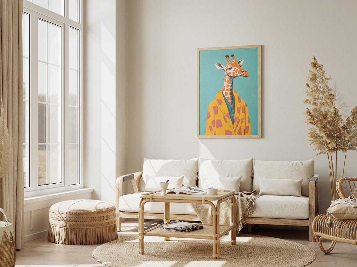 Elegant Giraffe Portrait In Yellow Bathrobe Teal Background Poster - Image 4