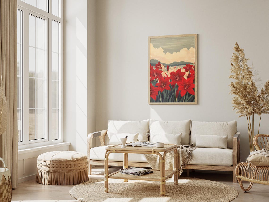 Red Amaryllis Flowers Dramatic Sky Field Illustration Poster - Image 4