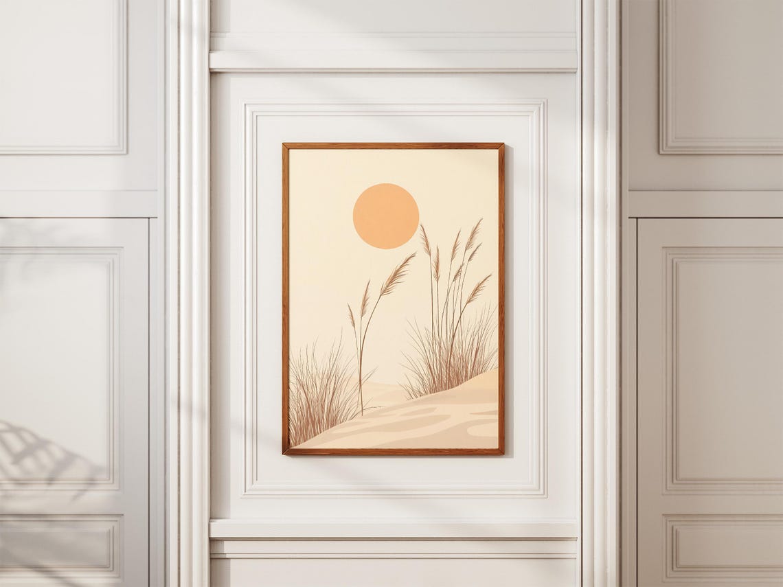 Beige Desert Dune Grass Under a Soft Rising Sun Minimalist Poster - Image 2