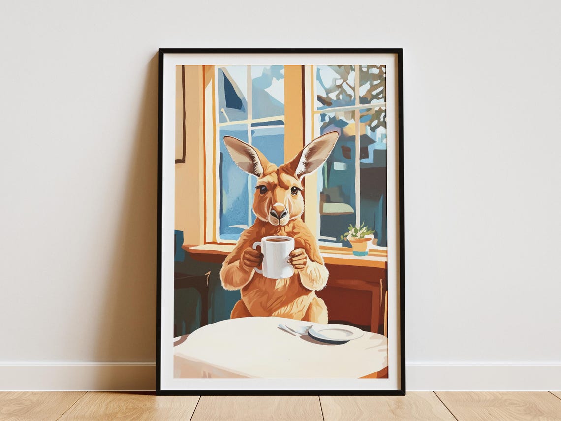 Kangaroo Cafe Coffee Poster Animal Art Print Cozy Wall Lover Gift Cute Home Decor