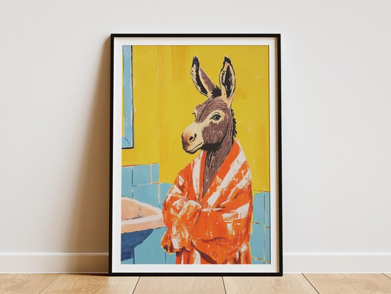Donkey In Bathrobe Painting Bathroom Poster Print Modern Animal Art Funny Animal Decor Whimsical Wall Artunique Home Decor Cute Donkey