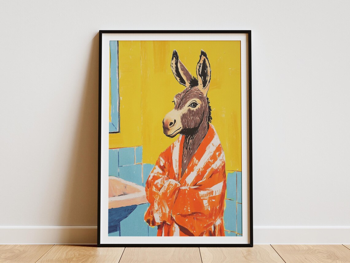 Donkey in Orange Bathrobe Yellow Bathroom Funny Animal Poster
