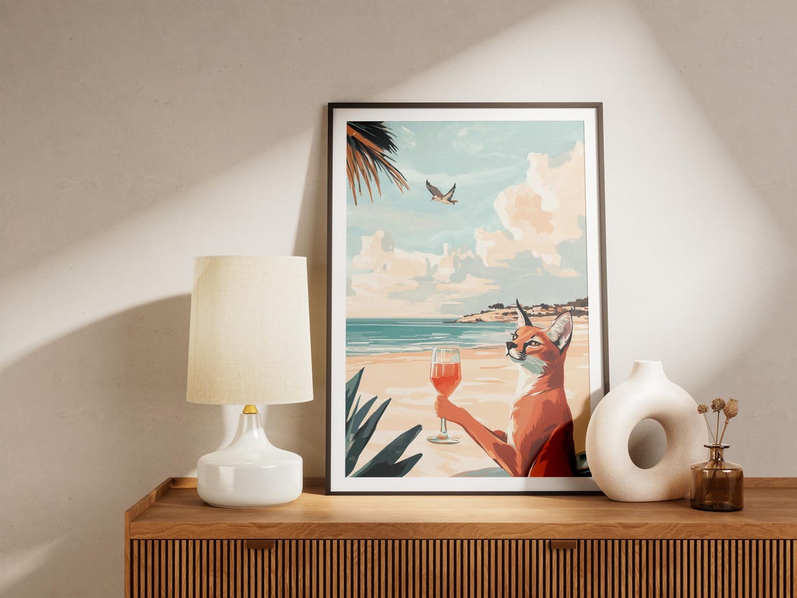 Elegant Caracal Cat Holding a Wine Glass at Sunset Beach Poster - Image 5