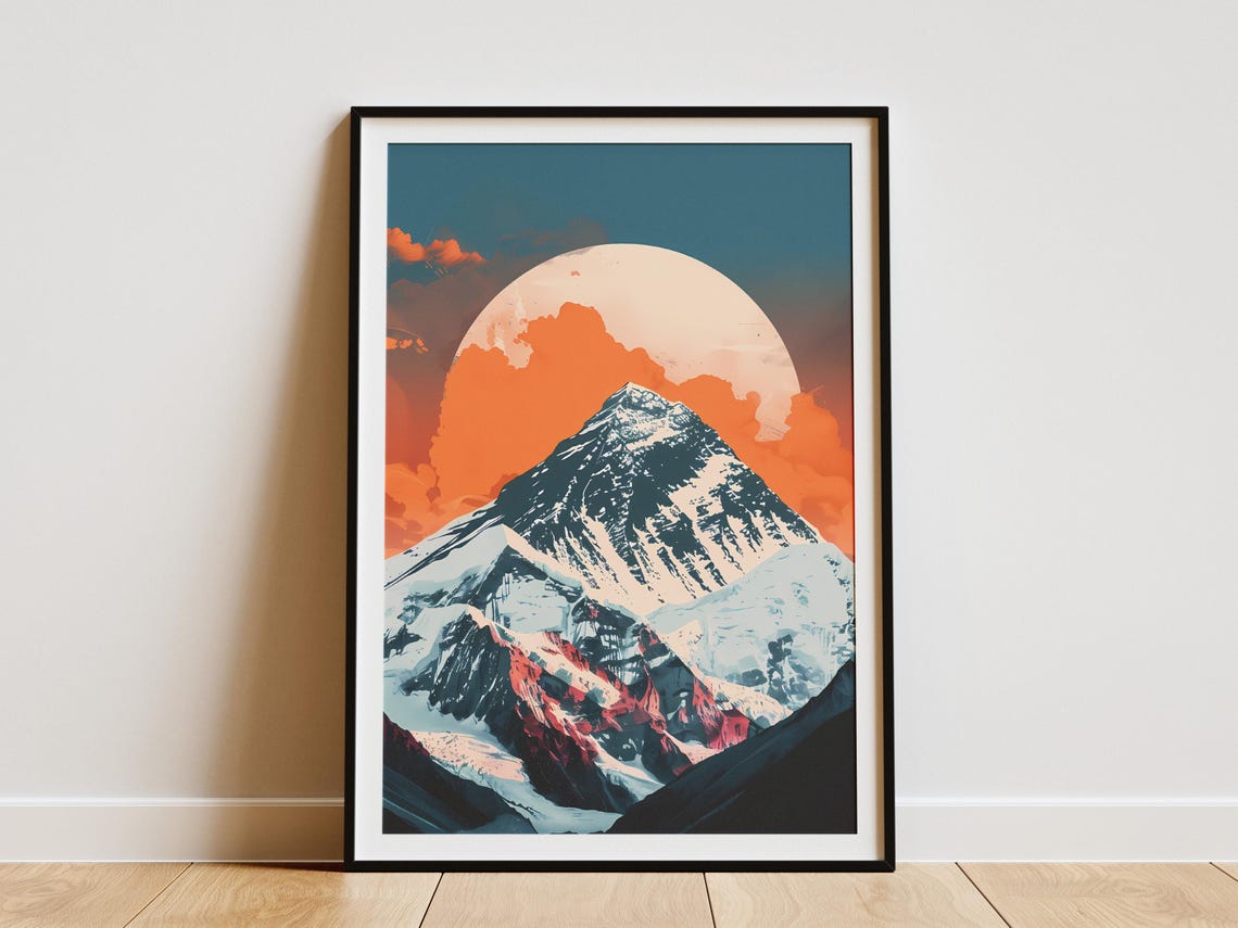 Mount Everest Full Moon Snowy Orange Clouds Mountain Peak Poster