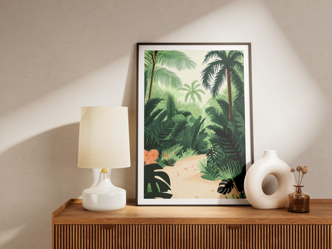 Lush Rainforest Path Palms Monstera Leaves Sandy Trail Poster - Image 5