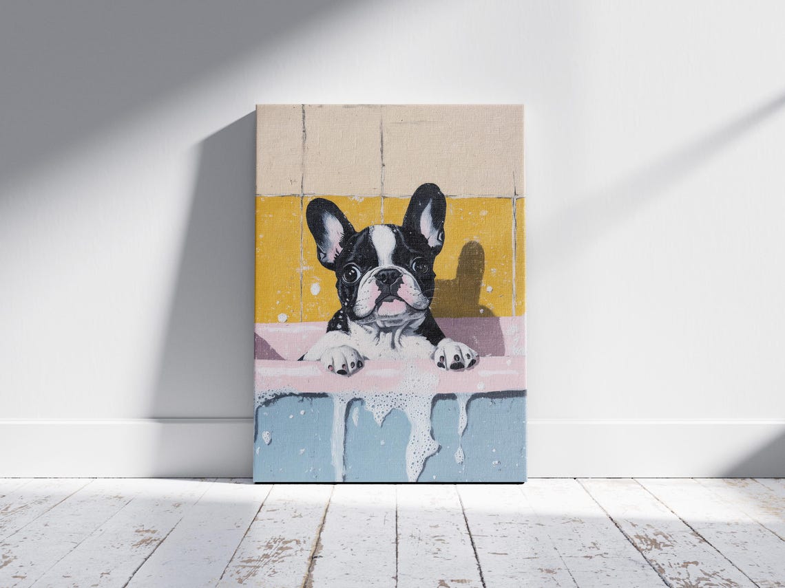 French Bulldog Puppy Bubble Bath Sunny Yellow Tile Art Poster - Image 2