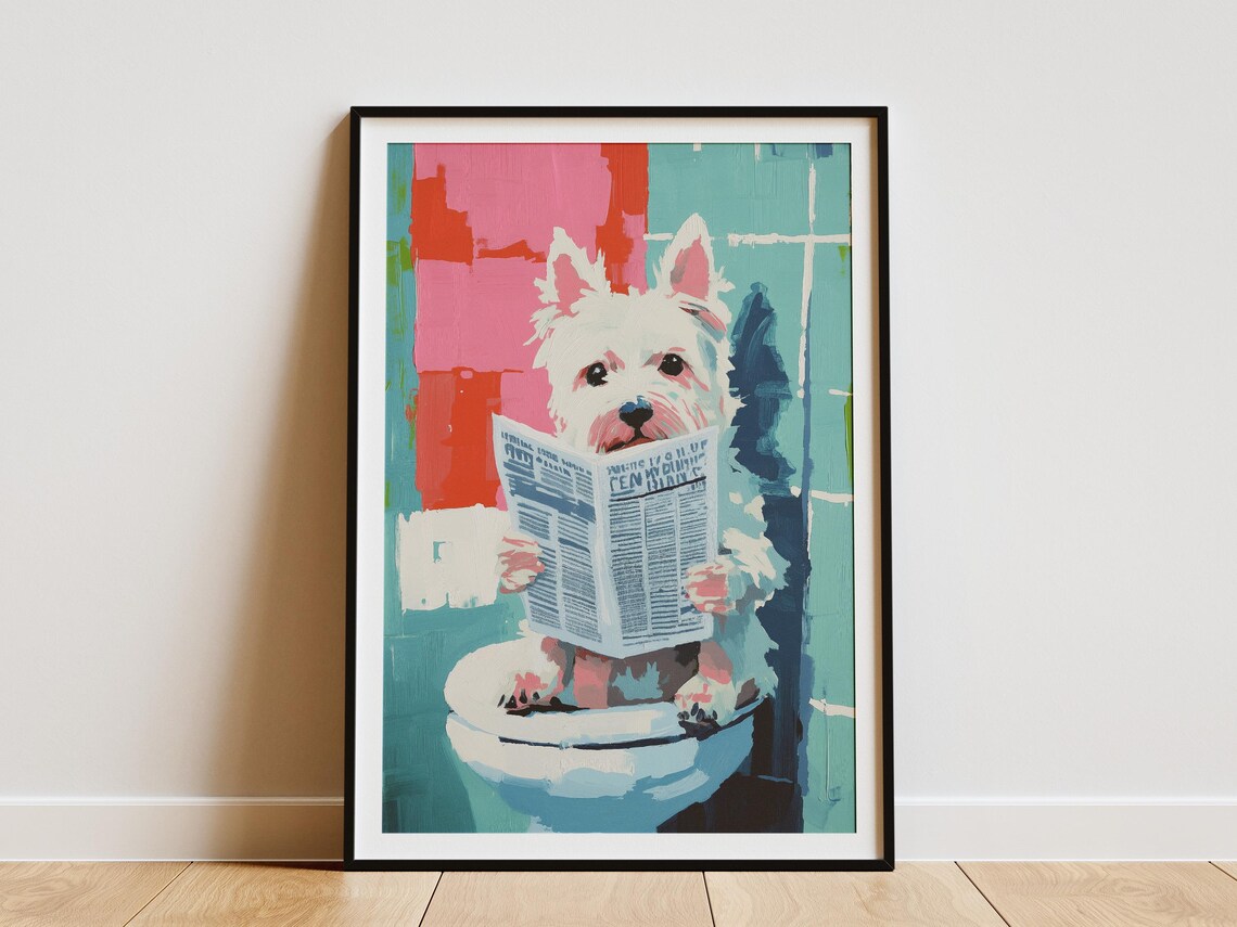 West Highland Terrier on Toilet Reading Newspaper Funny Poster