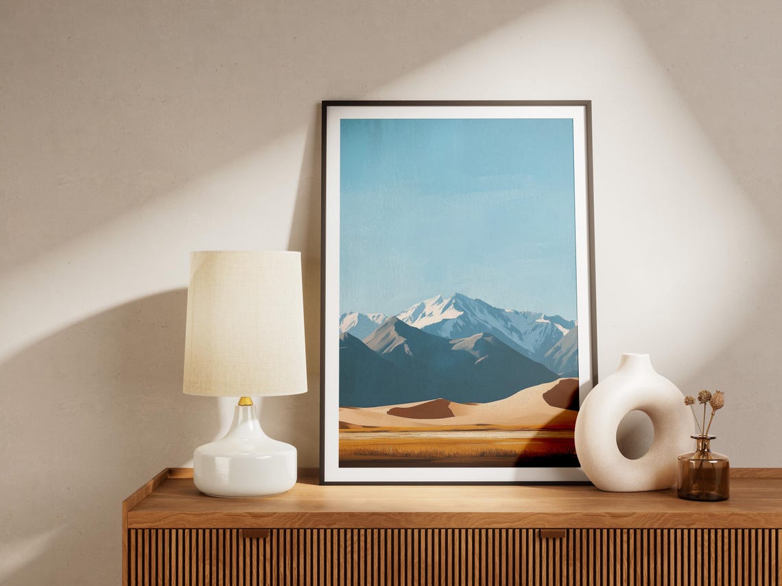 Sand Dunes Before Snow Capped Mountain Peaks Blue Sky Poster - Image 4