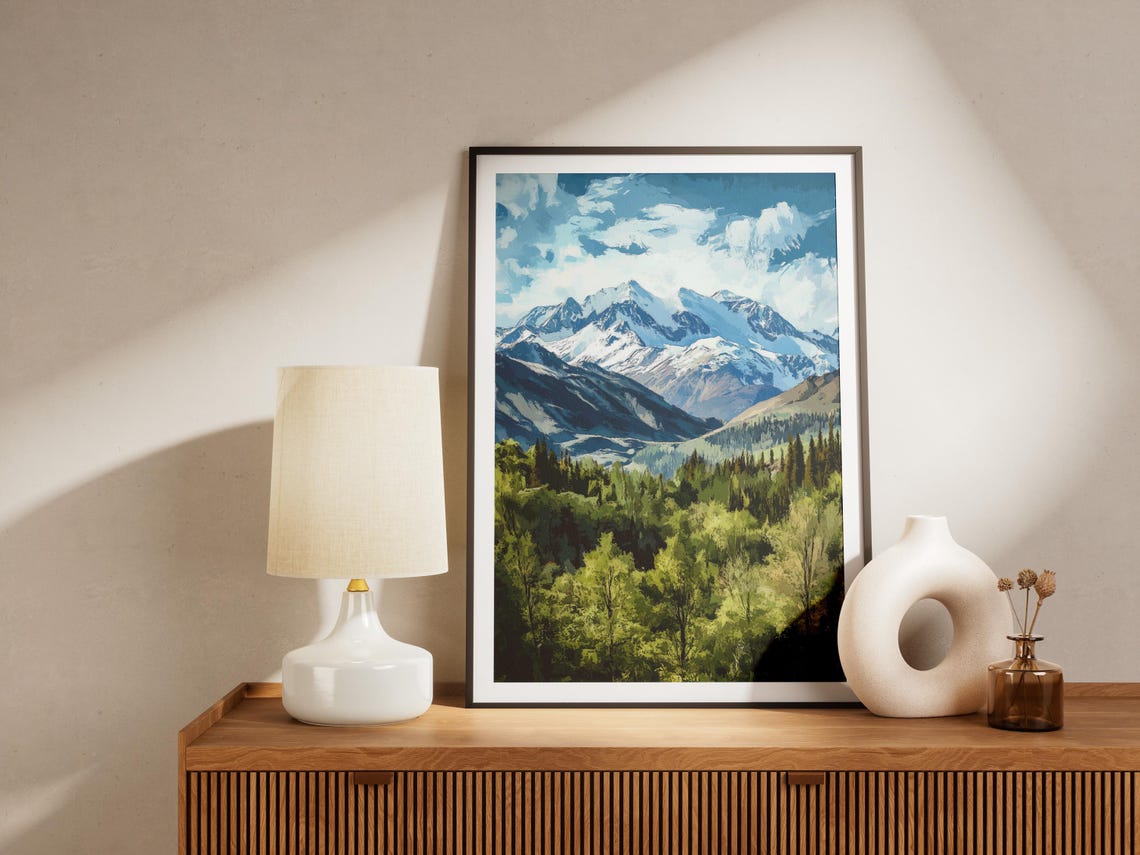 Snowy Mountain Peak Green Valley Blue Sky Alpine Landscape Print - Image 4