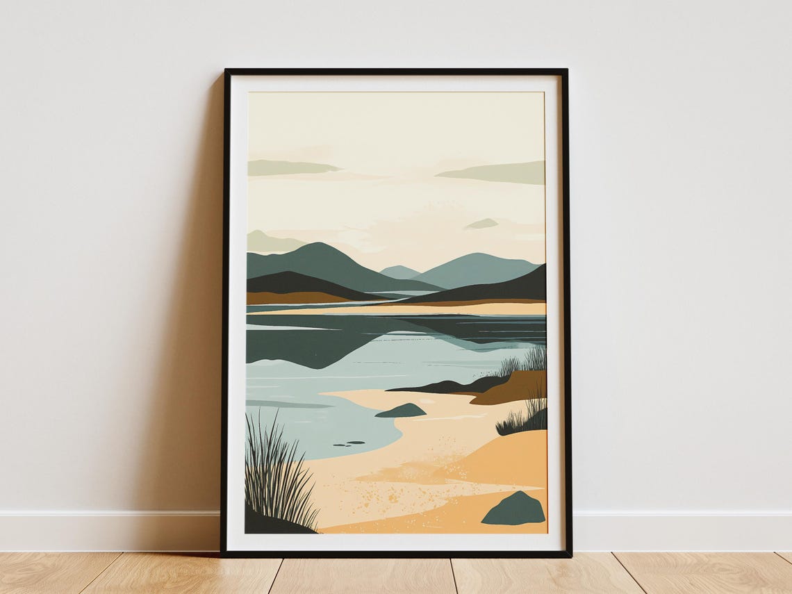 Calm Minimalist Beach With Mountain Reflection Landscape Poster