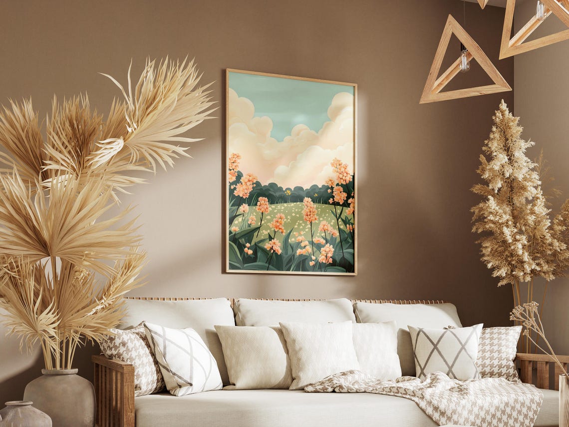 Peach Blossom Meadow Soft Cloud Sky Dreamy Botanical Flower Poster - Image 3