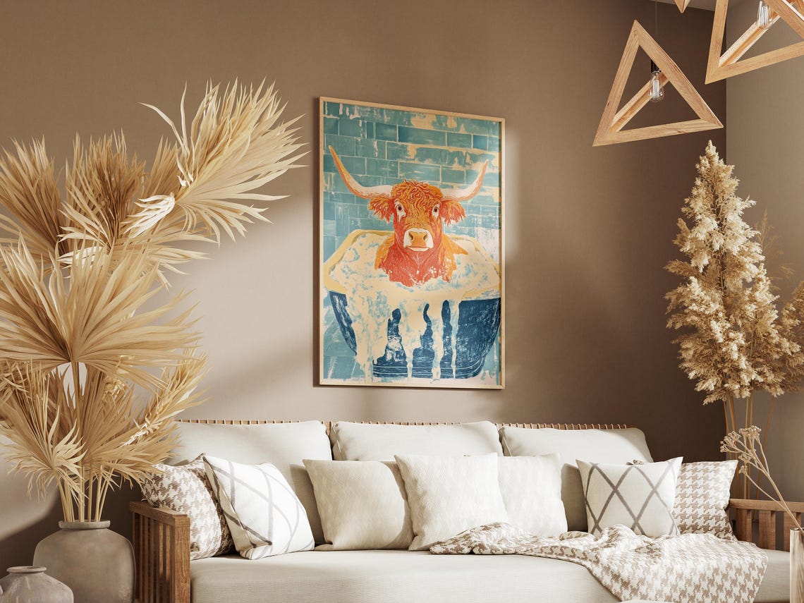 Highland Cow In A Bubble Bath Teal Tile Funny Bathroom Poster - Image 3