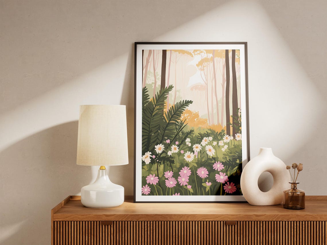 Pink Cosmos Ferns Misty Forest Glade Soft Dreamy Flower Poster - Image 5