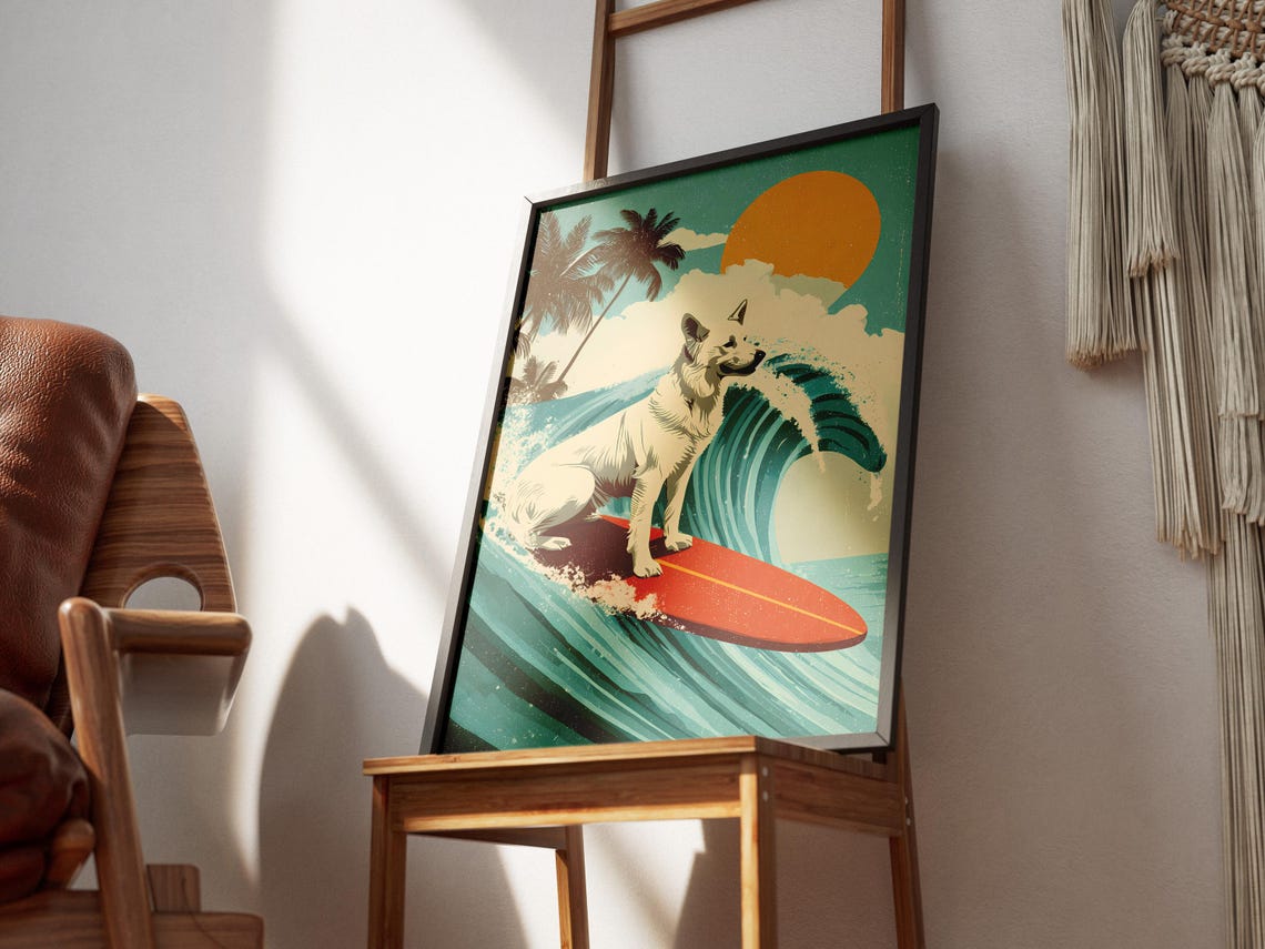 White Dog Surfing Retro Hawaiian Wave Tropical Sunset Art Poster - Image 3