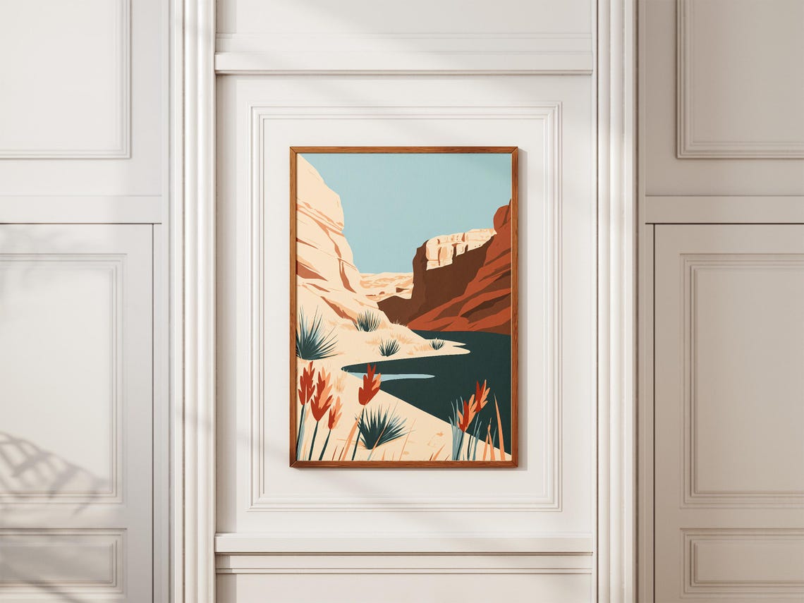 Desert Canyon River With Red Wildflowers Minimalist Art Poster - Image 2
