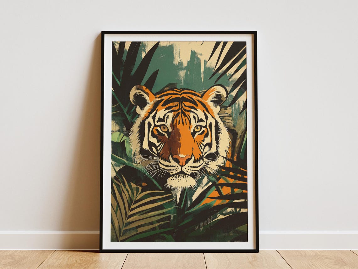 Tiger Face Emerging From Lush Jungle Leaves Retro Style Poster