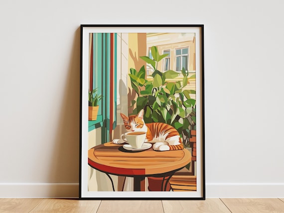 Sleepy Orange Tabby Napping on Cafe Table with Coffee Poster