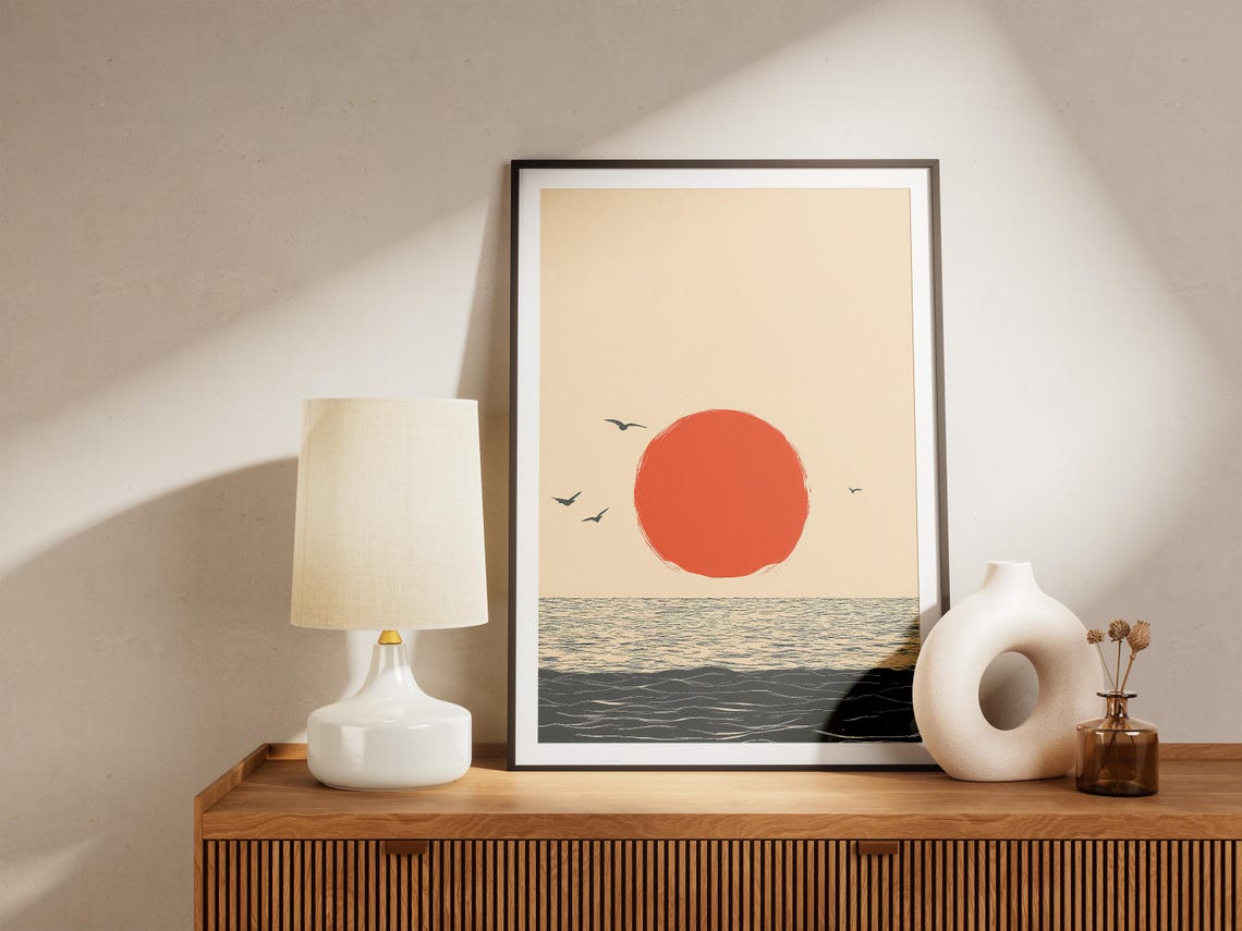 Bold Red Sun over Ocean with Seabirds Minimalist Sunset Poster - Image 5