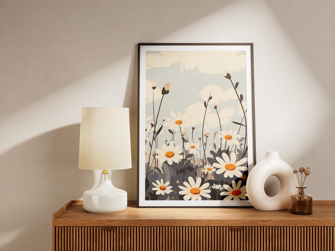 White Daisy Field Wildflowers Cloudy Sky Illustration Poster - Image 5