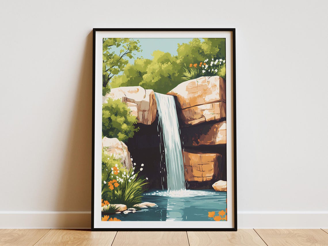Rocky Waterfall Flowing Over Cliffs Ringed With Wildflowers Poster