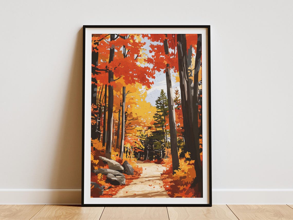 Red Maple Autumn Forest Trail With Rocks And Fall Foliage Poster